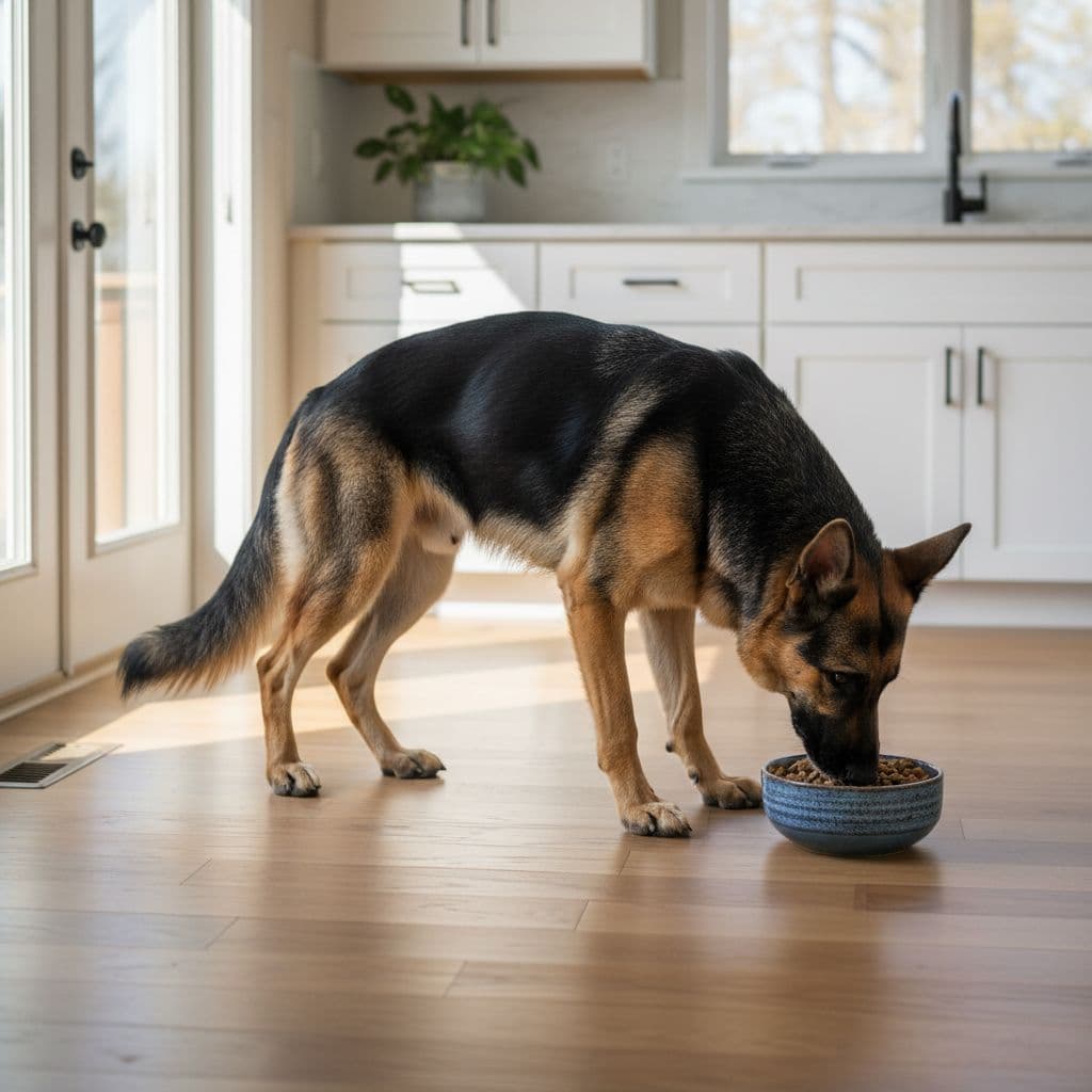 A healthy German Shepherd stands in a bright kitchen, focused on a ceramic bowl filled with dry kibble. Soft daylight illuminates the dog's coat as it enjoys a nutritious meal.
