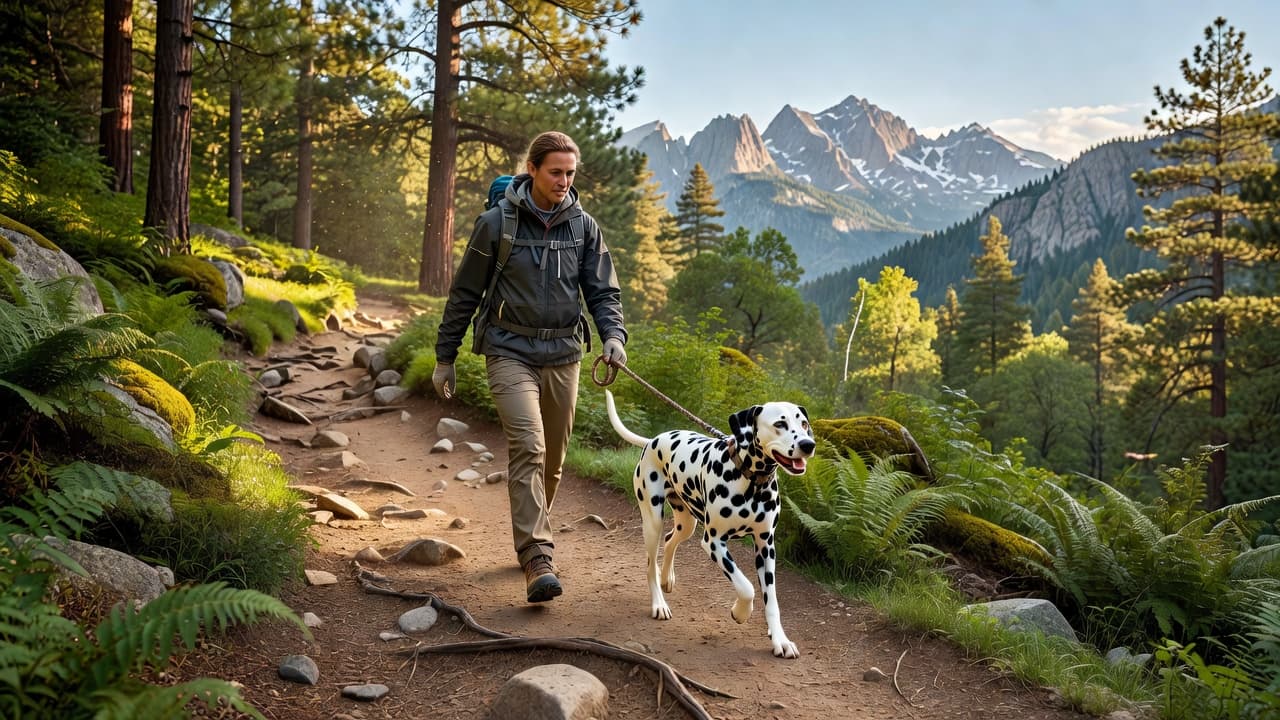 A person in hiking gear walks along a vibrant, sunlit mountain trail accompanied by a spotted Dalmatian on a leash. Lush green foliage surrounds the path under warm, bright daylight conditions.