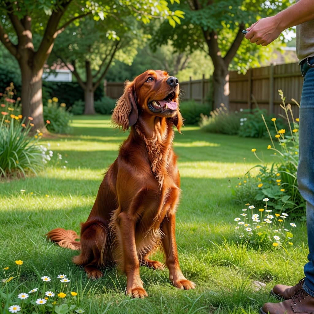 A glossy-coated Irish Setter sits obediently on a vibrant green lawn. The dog looks upward with an alert, joyful expression, clearly focused on its owner during a sunny outdoor training session.