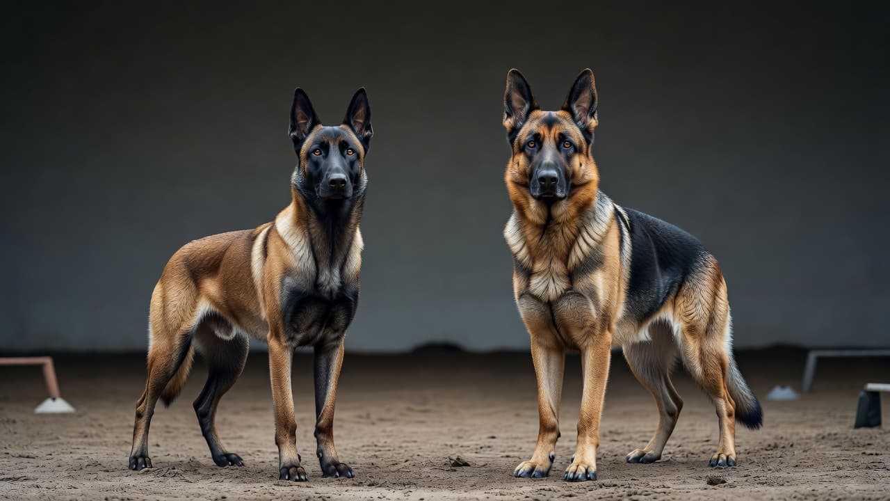A Belgian Malinois and a German Shepherd stand alert side-by-side in a professional training arena. Both intelligent dogs remain focused on their handlers, displayed against a dark, moody grey studio backdrop.