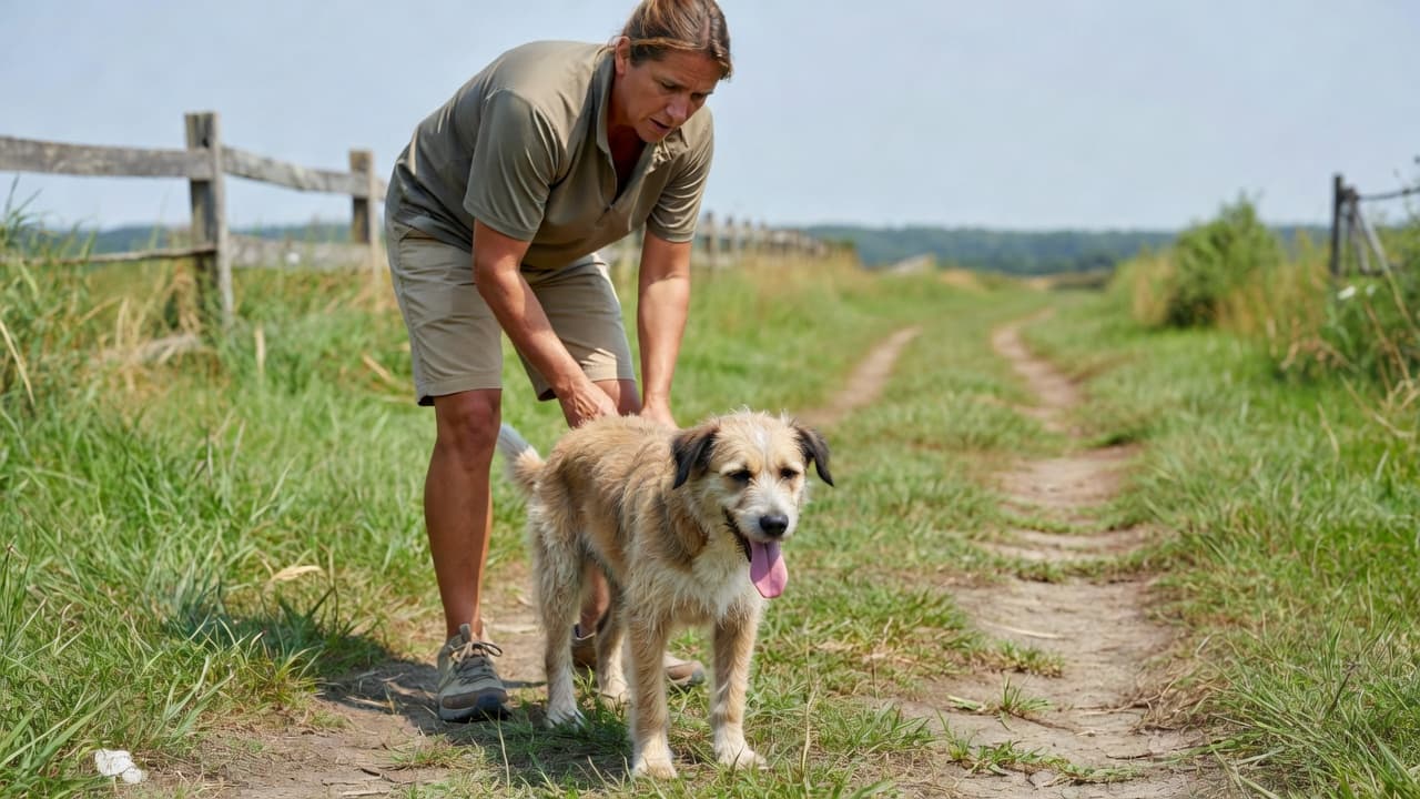 A concerned dog owner stands on a path watching a panting dog during a warm-weather walk.