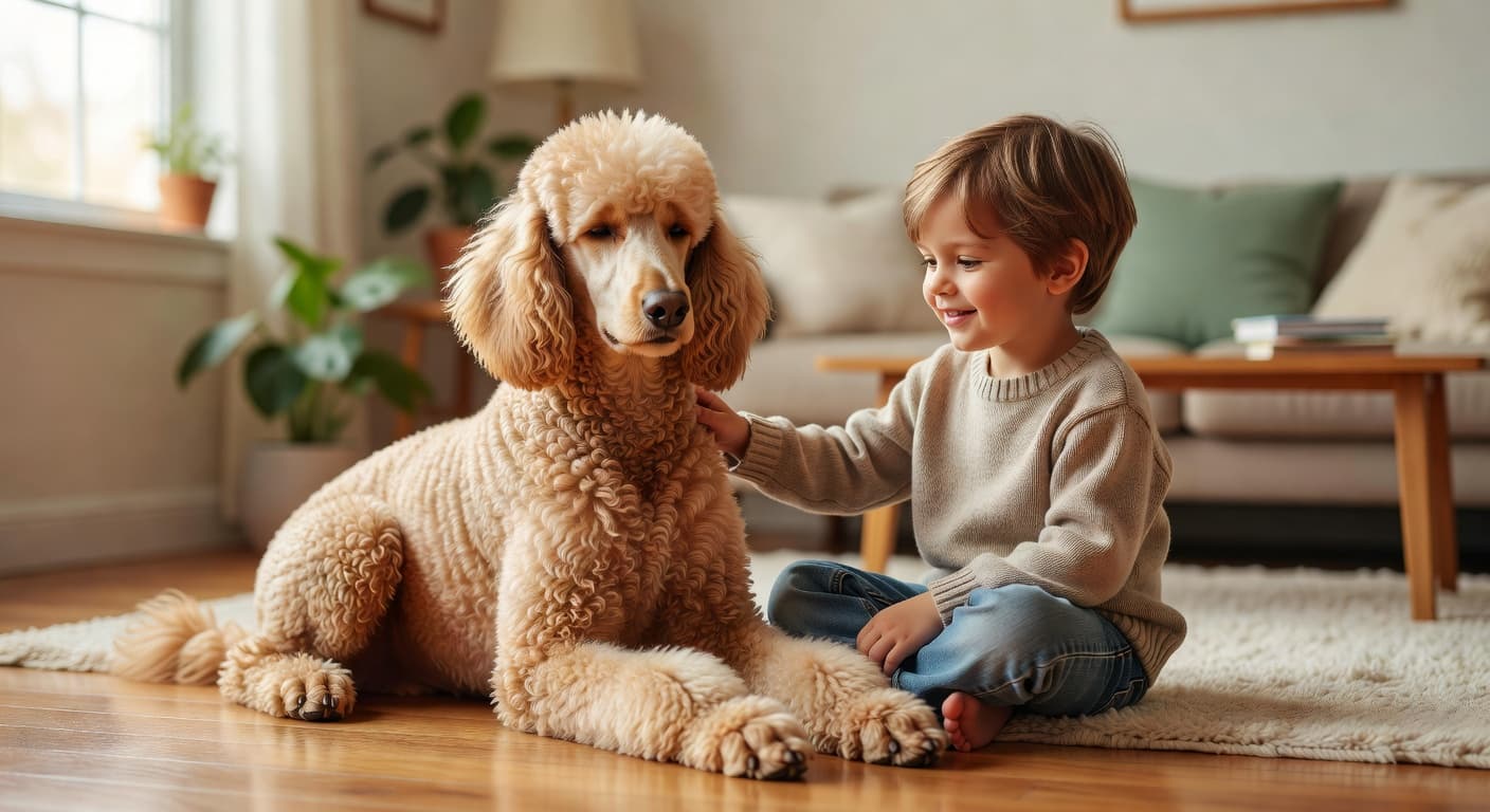 A fluffy standard poodle sits patiently on a living room rug while a small child gently strokes its back. Soft daylight illuminates the cozy scene, highlighting their calm and affectionate interaction.
