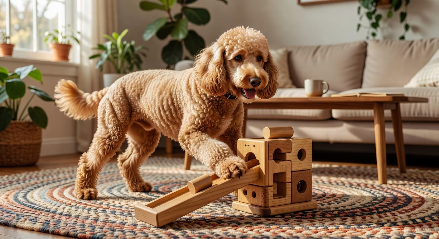 A fluffy poodle sits on a patterned living room rug, focused intently on a colorful interactive puzzle toy. Soft natural light streams in, highlighting the dog's engagement with its enrichment activity.