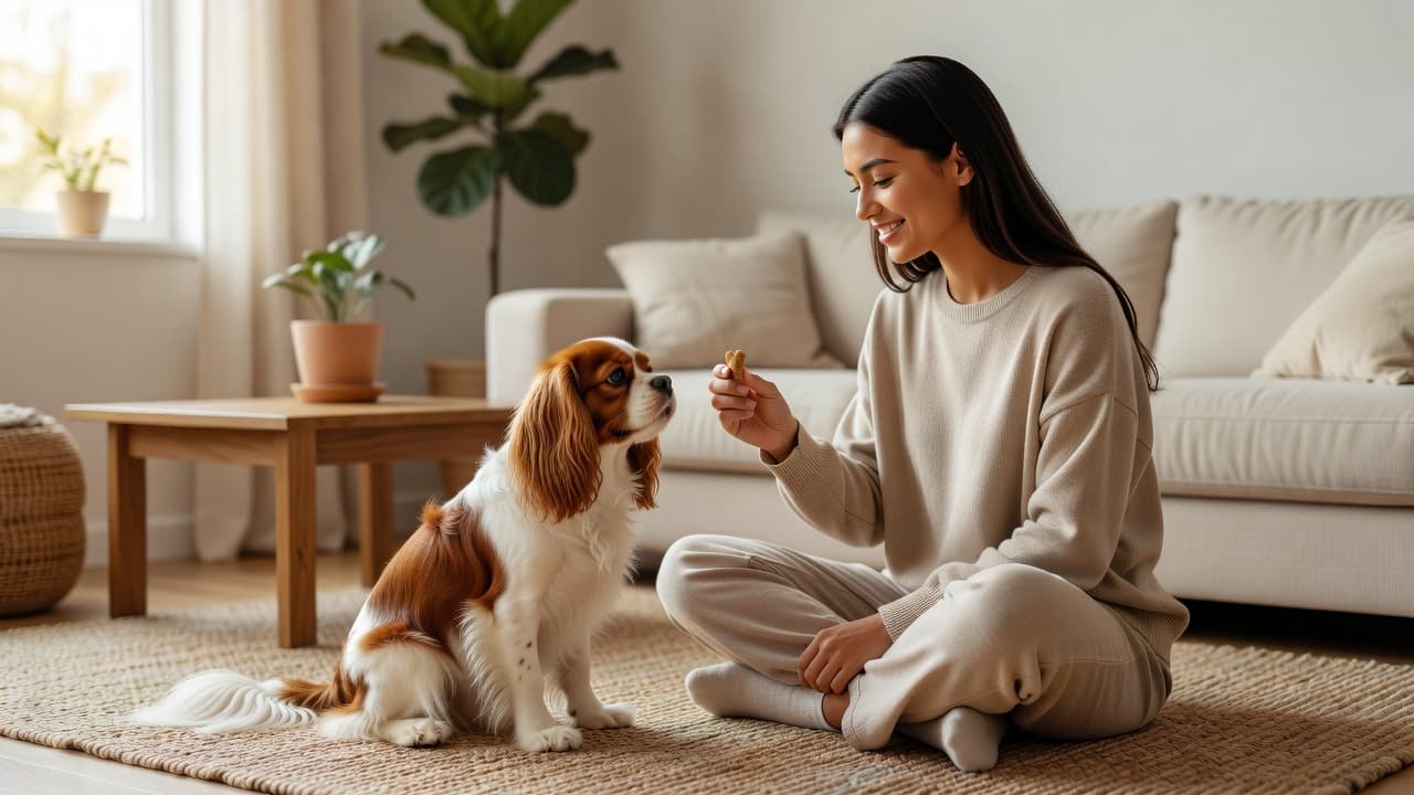 A person sits on a cozy living room rug, offering a small treat to a Cavalier King Charles Spaniel. The warm, sunlit space highlights the gentle interaction between owner and pet.