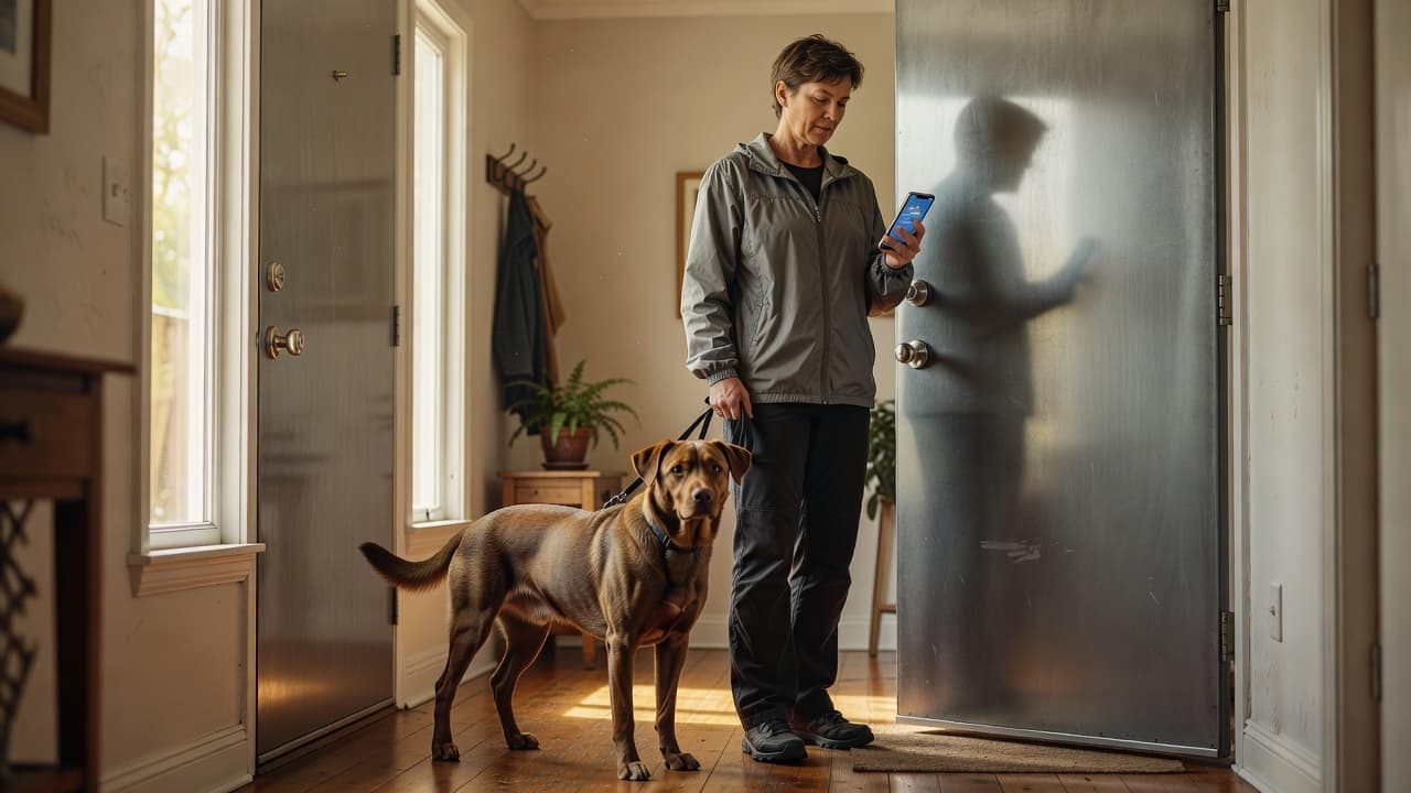 A person stands in a bright residential entryway holding a leash while checking a mobile phone for weather updates. A dog waits patiently by their side near the front door.