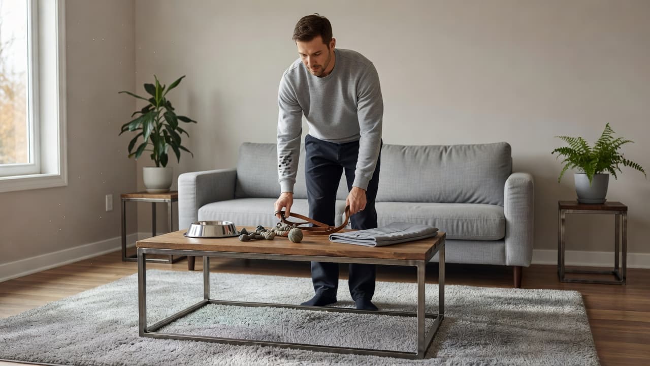 A person stands in a bright, organized living room near a wooden coffee table holding a leash, food bowl, and chew toys. Soft sunlight highlights the neutral zinc-toned furniture and accents.