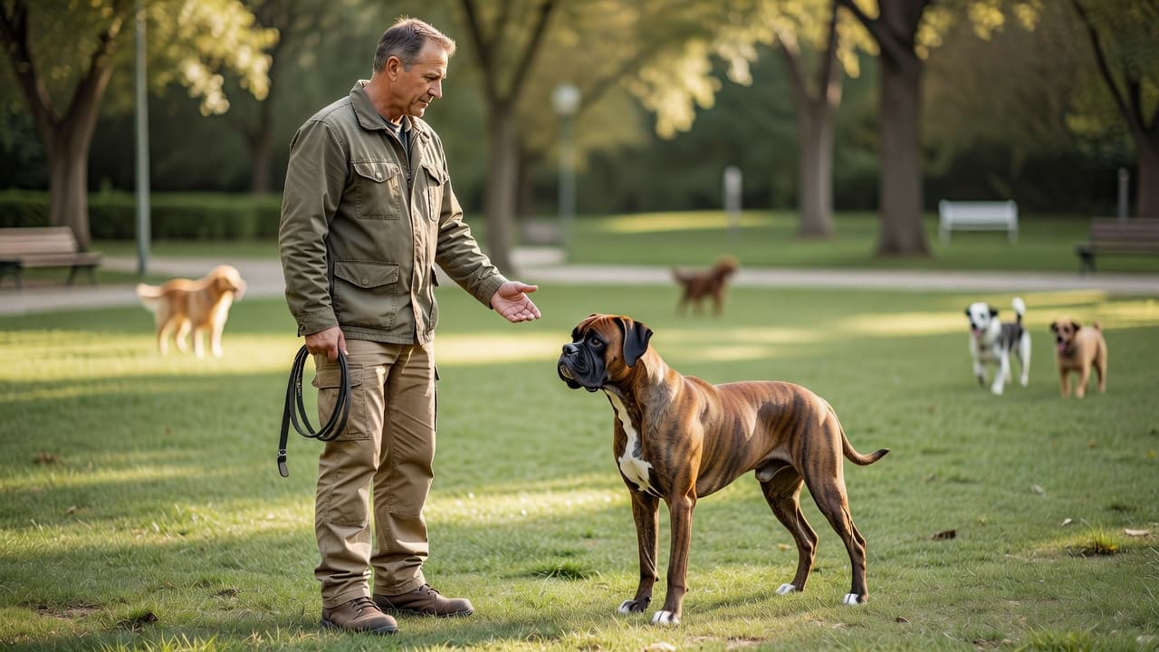 A trainer stands in a grassy park providing instruction to an alert Boxer dog. They maintain a respectful distance from others to ensure the canine remains focused on the training task.
