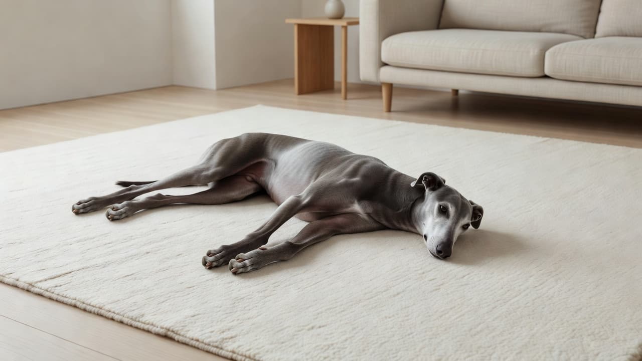 A graceful greyhound lies curled on a plush textured rug in a minimalist living room. The dog displays loose muscles and a peaceful expression, showcasing deep comfort in the home environment.