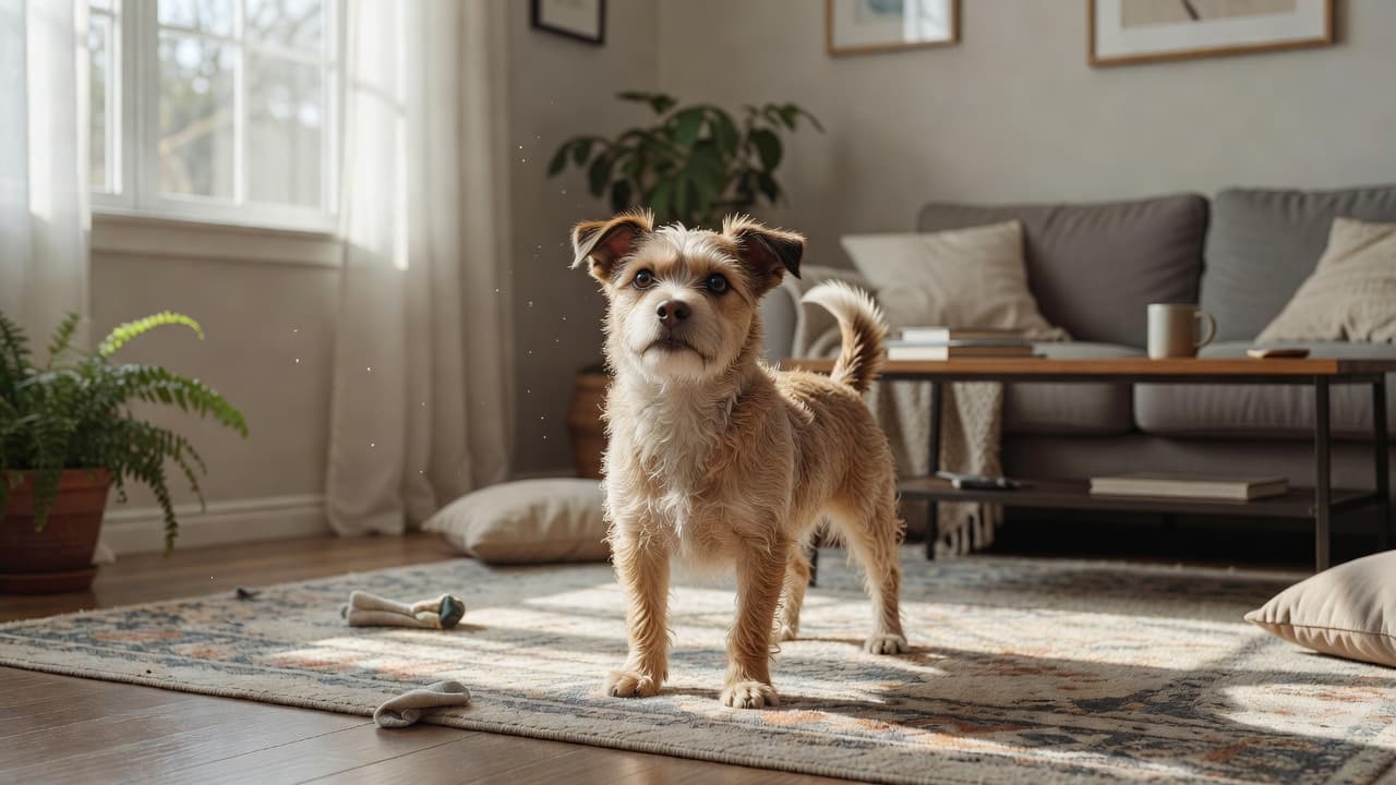 A tan dog with alert ears paces across a hardwood floor in a sunlit living room. The pet glances toward a sofa, clearly searching for stimulation or a new toy to play.
