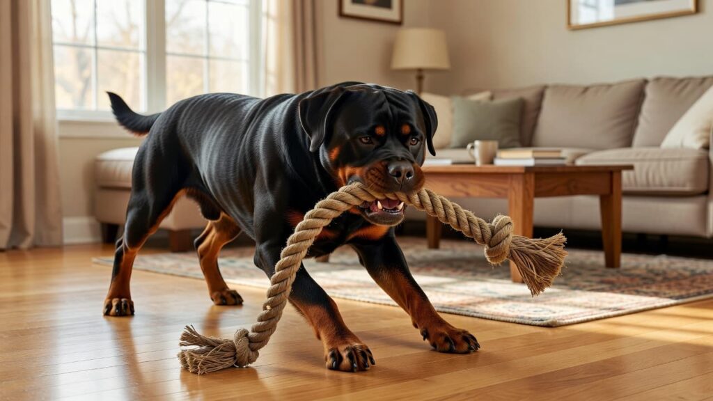 A Rottweiler plays with a rope toy in a sunlit living room.