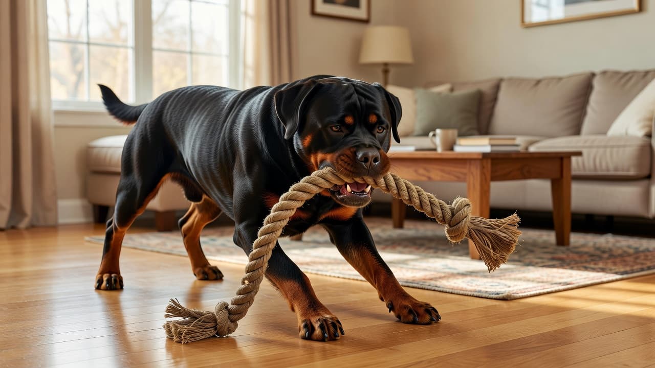 A robust Rottweiler grips a sturdy braided rope toy firmly between its jaws while standing in a bright living area. Sunlight streams across the hardwood floor, highlighting the dog's focused expression.