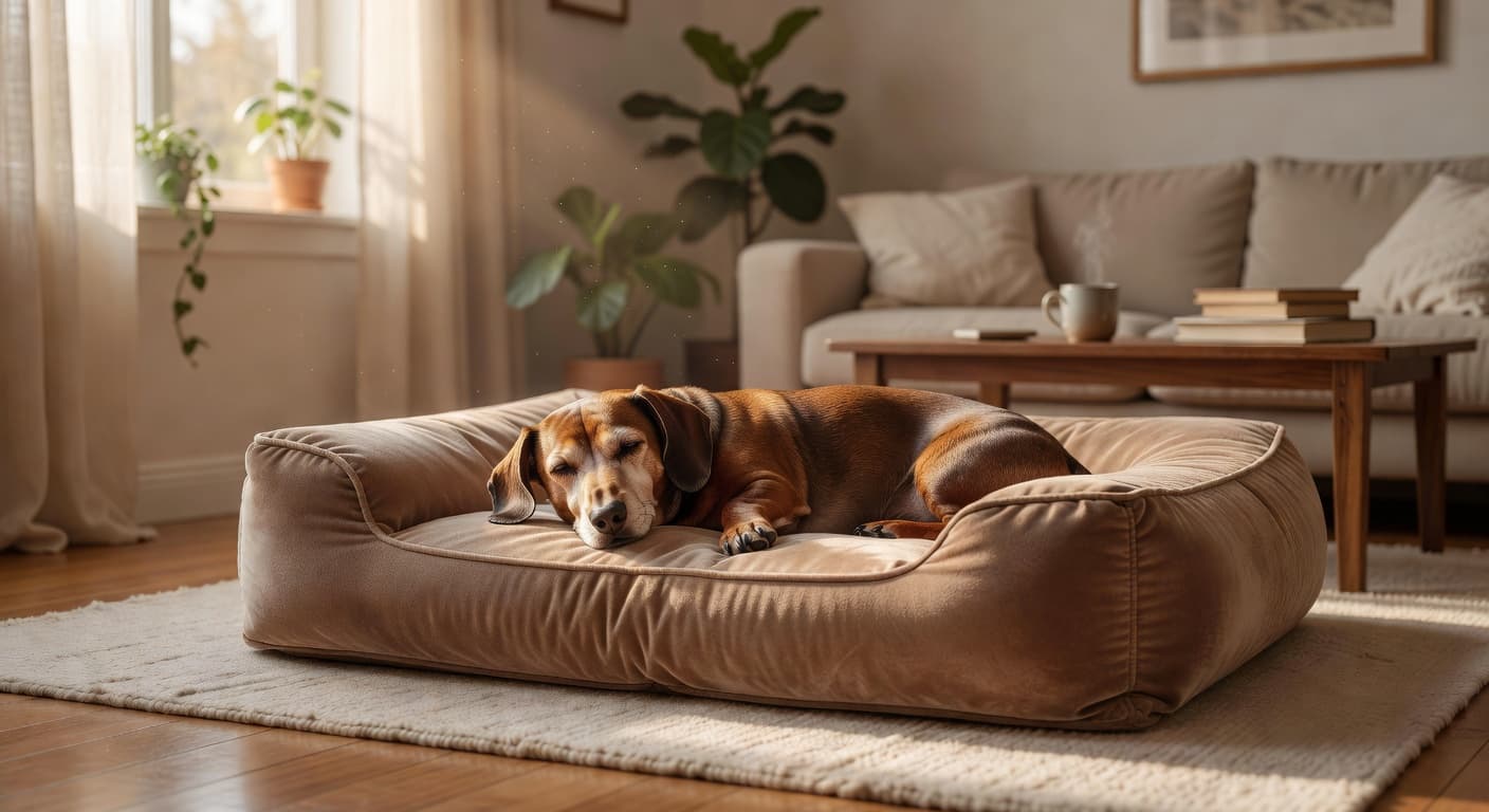 An elderly brown dachshund lies peacefully on a plush orthopedic dog bed in a sun-drenched living room. Warm morning sunlight highlights the soft fur and calm expression of the aging dog.