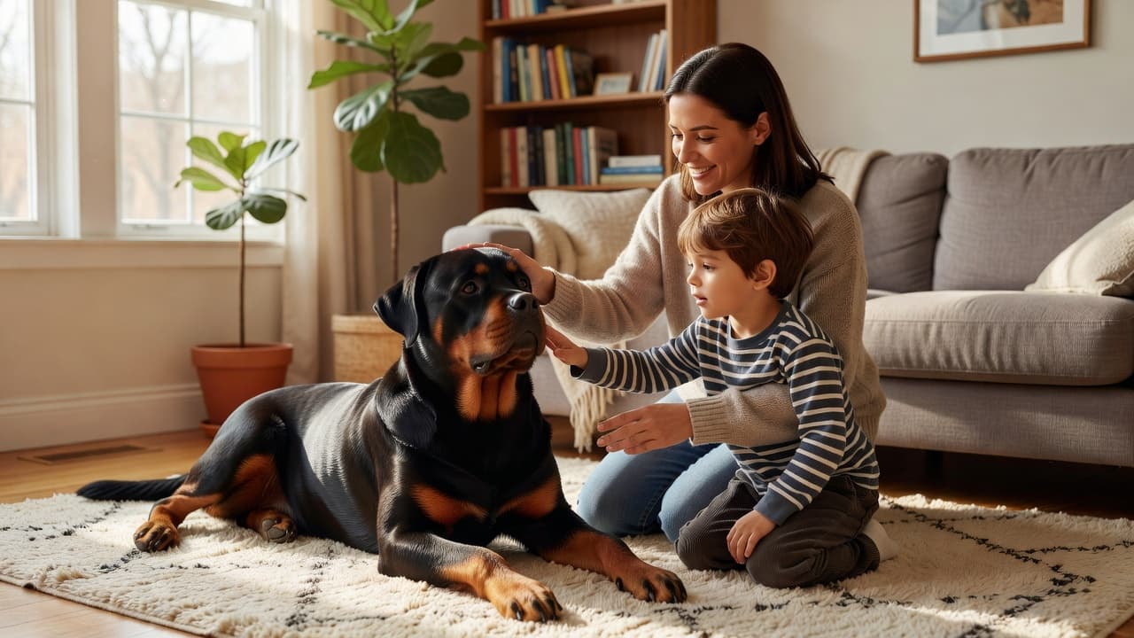 A calm adult guides a young child's hand to gently stroke the soft fur of a large, friendly Rottweiler. They sit together in a bright, sun-drenched living room with cozy furniture.