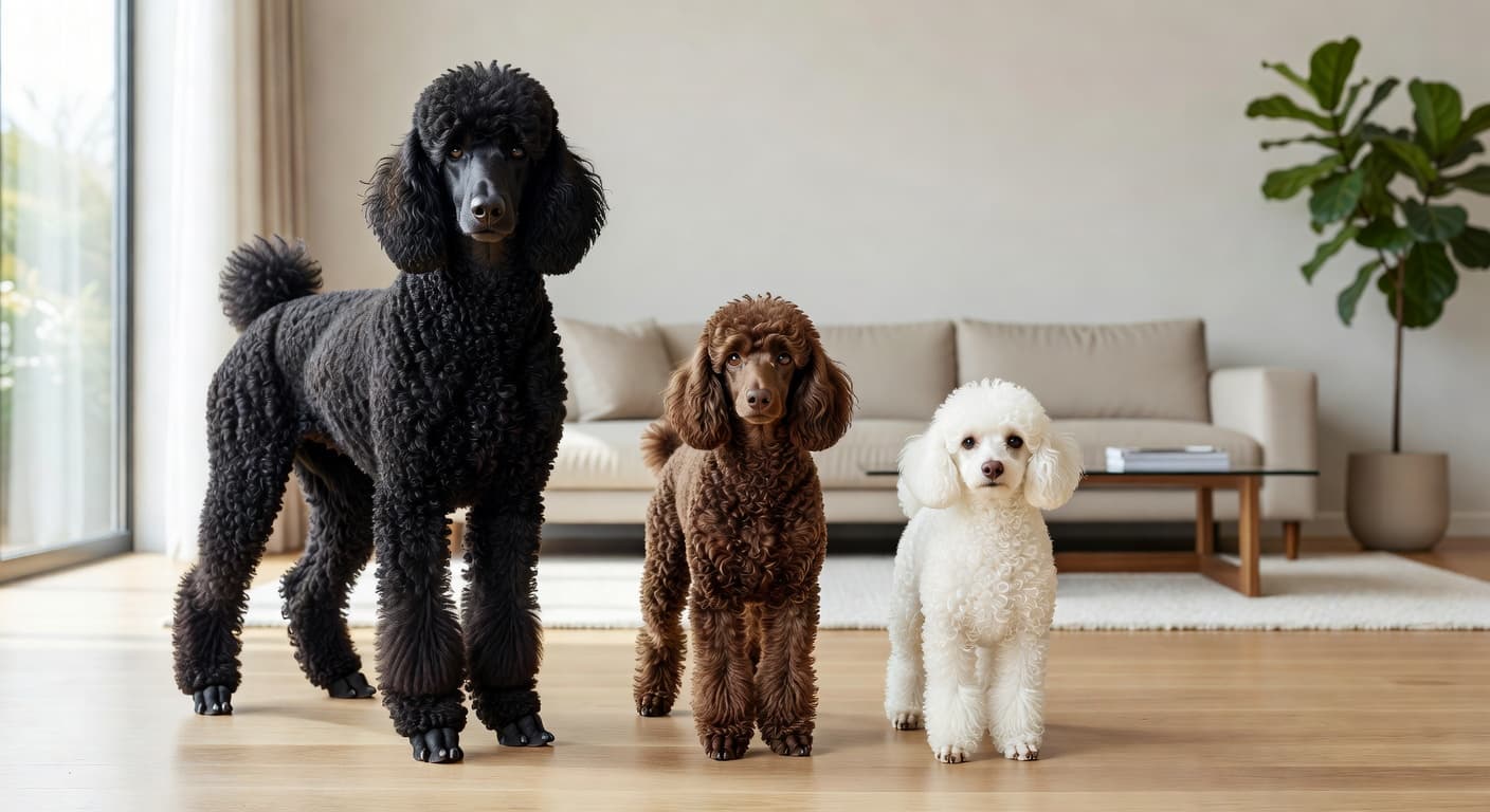 A Standard, Miniature, and Toy Poodle stand side by side on light-toned hardwood flooring. They are positioned in a sunlit living room with neutral walls, showcasing their distinct height differences clearly.