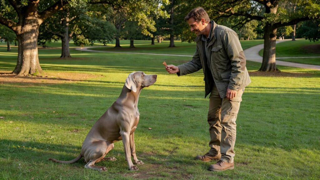 An owner training their focused Weimaraner dog in a grassy park setting.