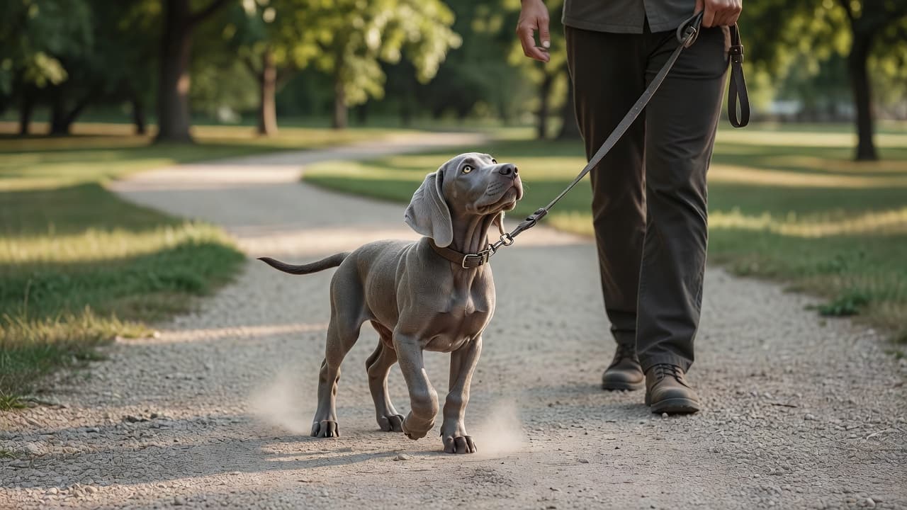 A focused grey Weimaraner puppy walks on a thin lead through a sunlit park. The owner gently guides the young dog, who looks upward with attentive eyes toward the human holding the leash.