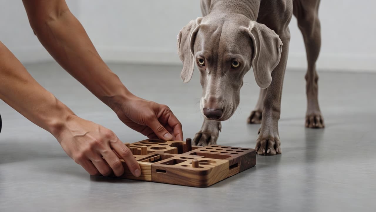 A person places a dark-colored plastic puzzle feeder on the smooth floor for a focused Weimaraner. The clean indoor setting highlights the interaction between owner and dog during a brain game.