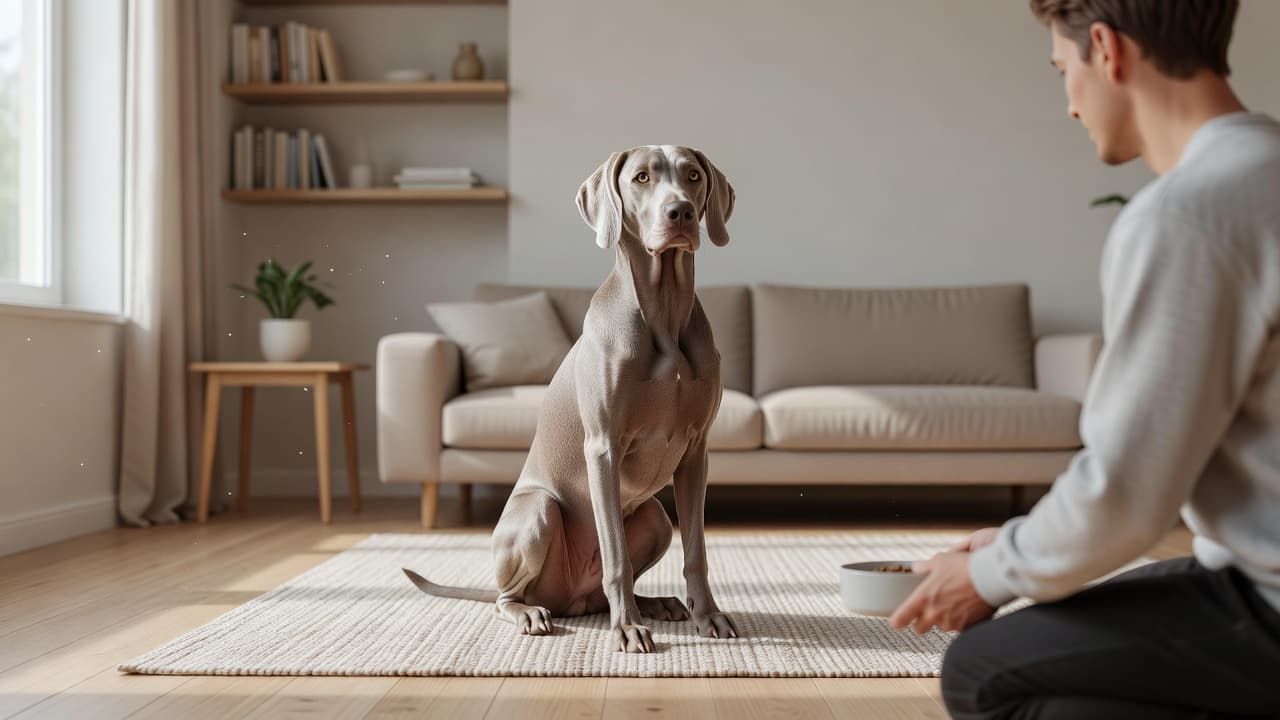 A graceful Weimaraner sits obediently on a soft rug in a minimalist living room. The dog gazes toward an unseen bowl while bright natural sunlight highlights its sleek, silver-gray coat.