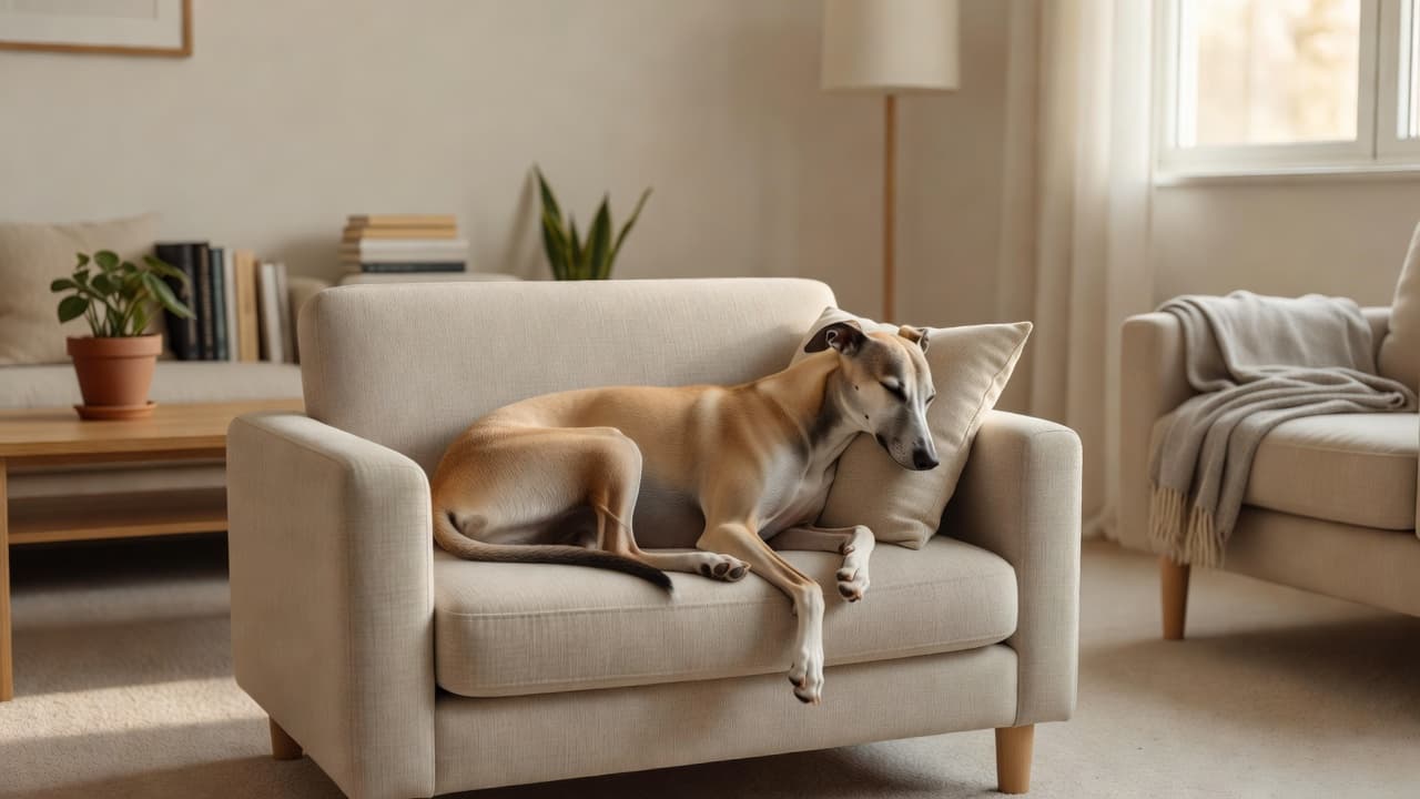 A slender whippet rests peacefully on a small upholstered couch within a sun-drenched living room. The neutral-toned apartment features soft, natural light streaming across the dog's relaxed form and surroundings.