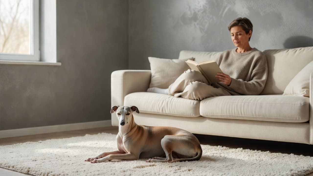 A slender whippet lies curled on a plush area rug while a person sits on a nearby sofa reading a hardcover book. The neutral, minimalist room is bathed in soft afternoon sunlight.