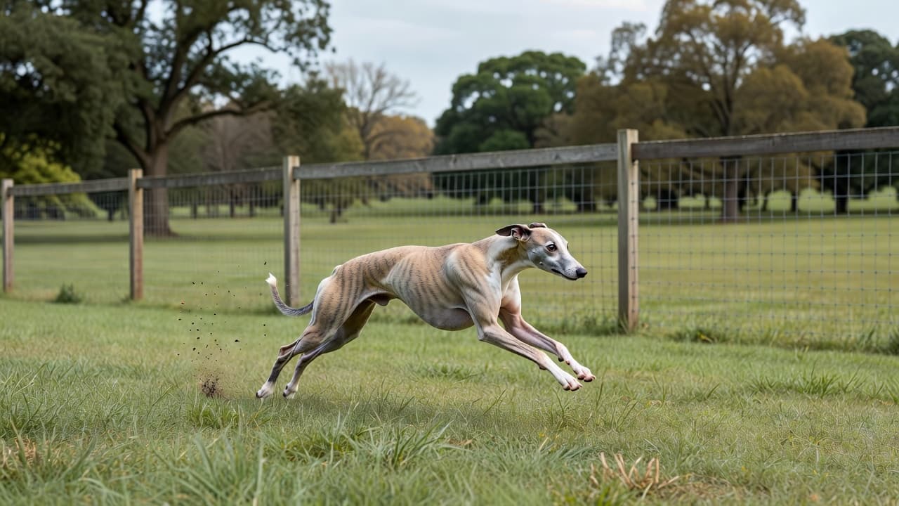A sleek, lean whippet sprints across a lush green lawn inside a fenced enclosure. The background features blurred park trees under soft daylight, highlighting the dog's agile, full-speed movement.