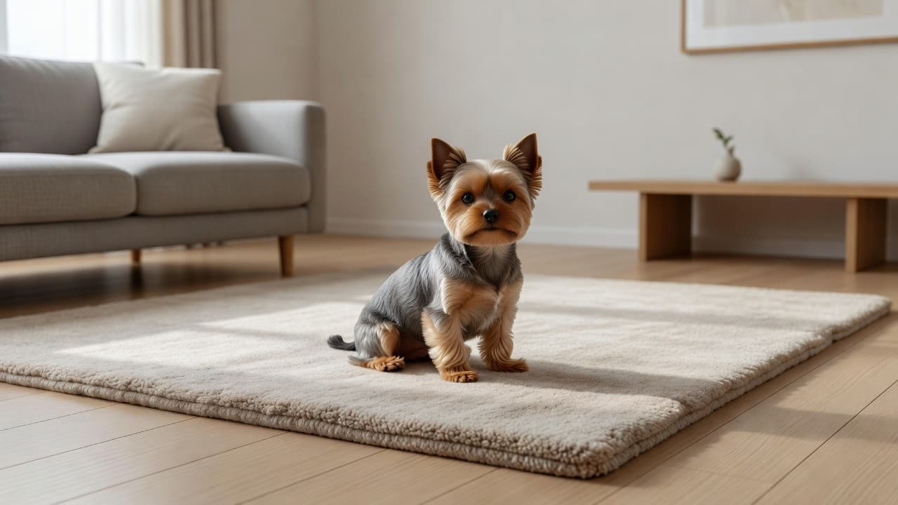 A small Yorkshire Terrier with groomed fur sits calmly on a plush rug in a sunlit living room. Neutral furniture and clean lines create a cozy atmosphere for the tiny dog.