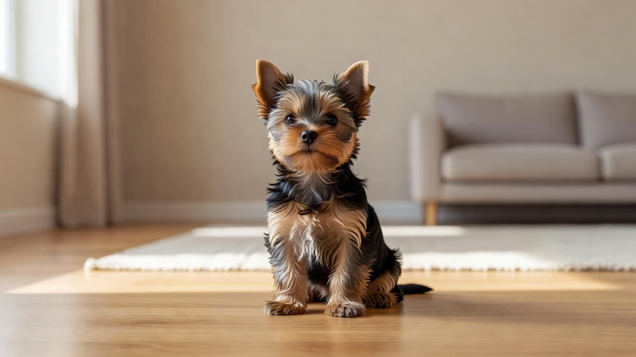A small Yorkshire Terrier puppy with attentive eyes sits gracefully on a polished hardwood floor. The sunlit room features soft neutral walls that highlight the dog's calm and well-behaved demeanor.