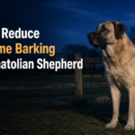 Anatolian Shepherd standing alert in a secure garden at night while its owner calmly redirects its attention
