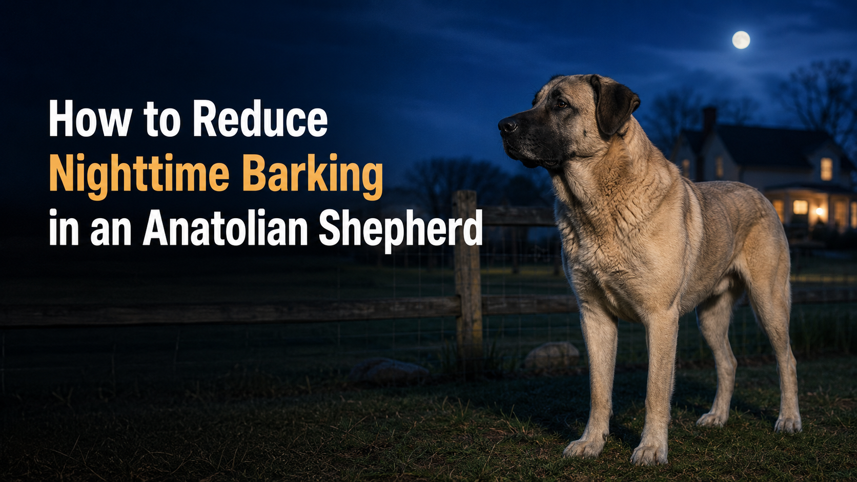 Anatolian Shepherd standing alert in a secure garden at night while its owner calmly redirects its attention