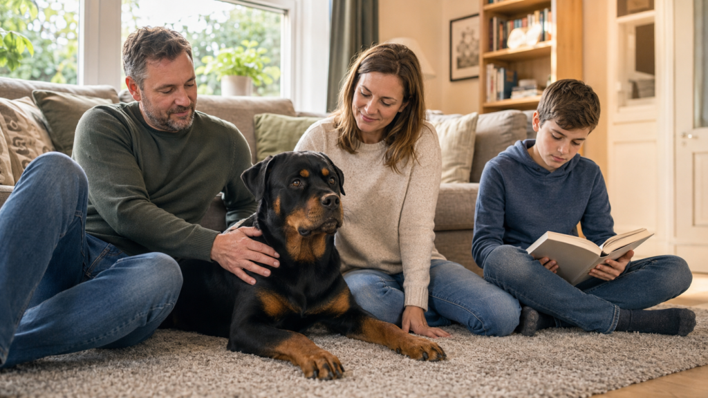 Calm adult Rottweiler demonstrating the loyal and composed reality behind the breedβs aggressive reputation