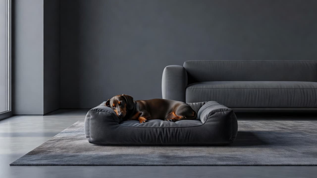 A small dachshund sleeping in a cozy dog bed on a neutral living room floor.