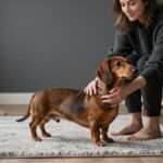 A woman safely guiding a dachshund onto a couch using a wooden ramp.