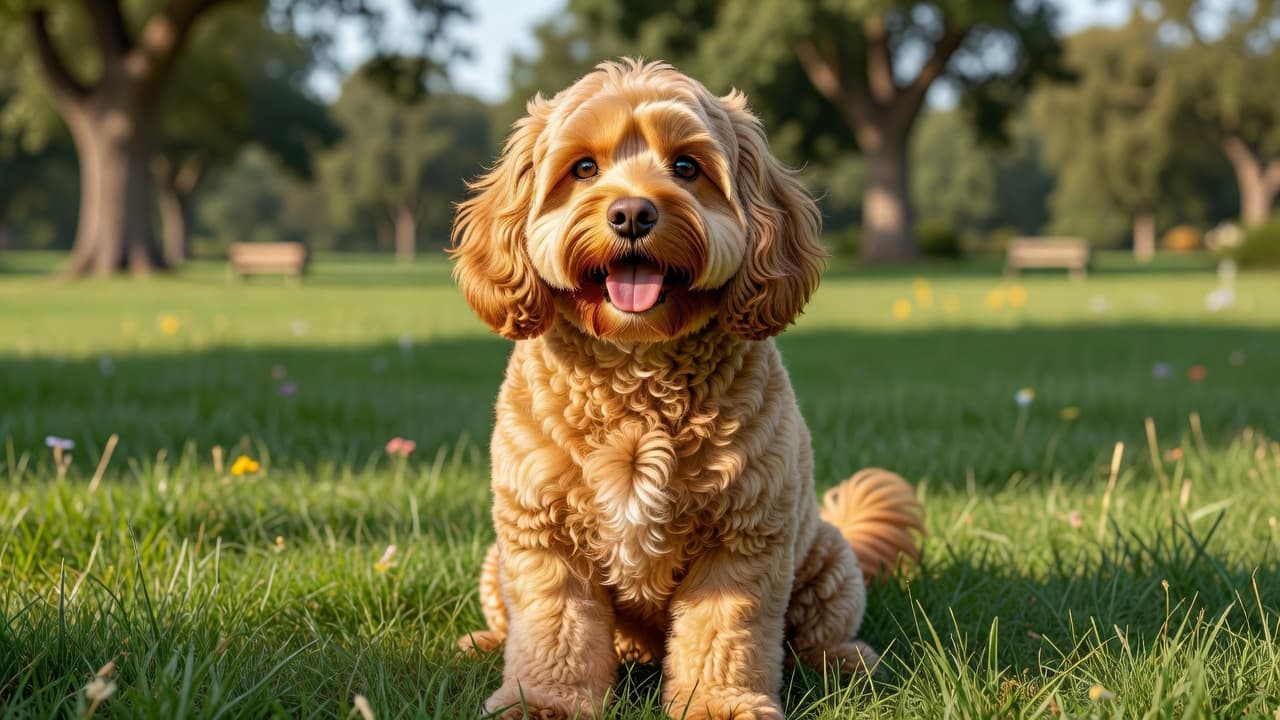 A close-up shot of a fluffy golden-colored Cockapoo sitting in a sun-drenched grassy park. The puppy features floppy ears and a gentle teddy bear face illuminated by soft natural morning light.