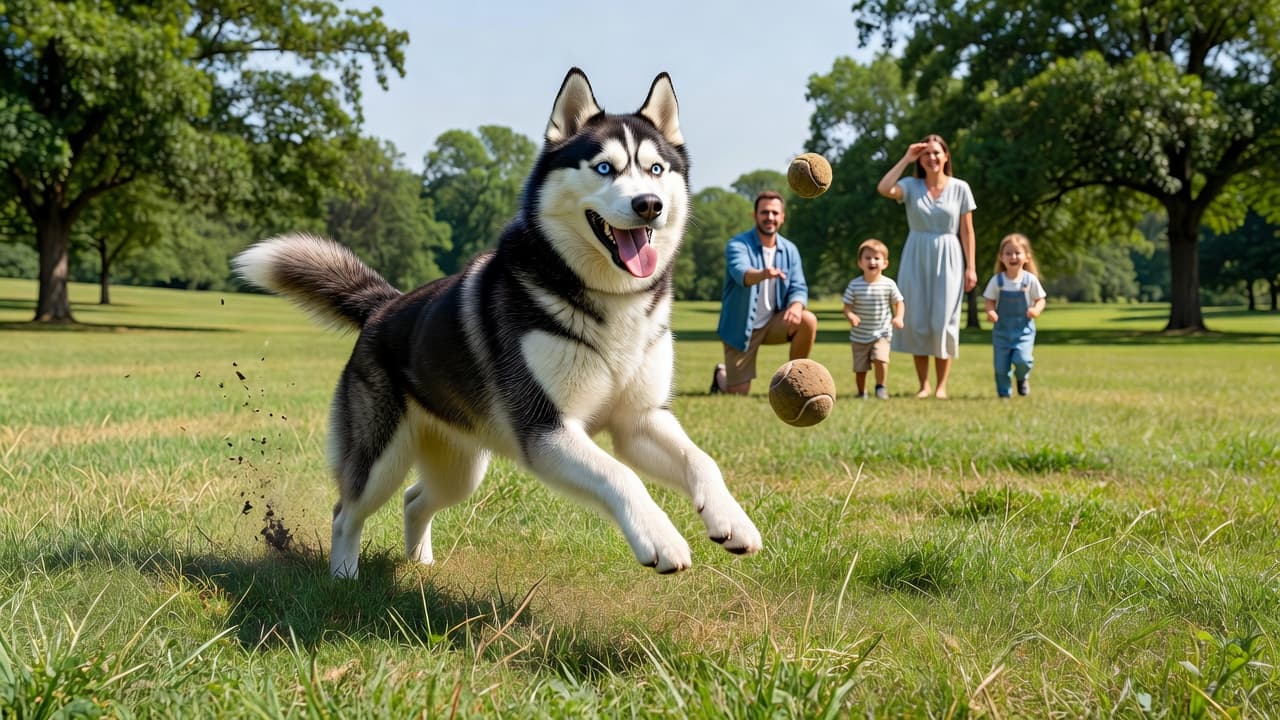 A fluffy Siberian Husky runs joyfully across a vibrant green lawn under clear skies. In the soft-focus distance, a small family enjoys the park, highlighting the dog's active and friendly personality.