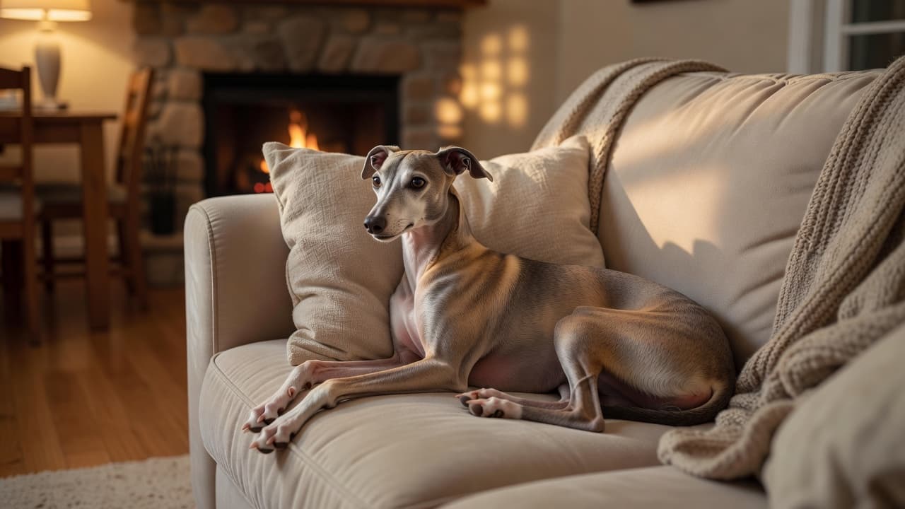 An elegant Italian Greyhound curls up peacefully on a plush beige couch. The warm indoor lighting highlights the dog's smooth coat while creating a serene and inviting atmosphere in the living area.