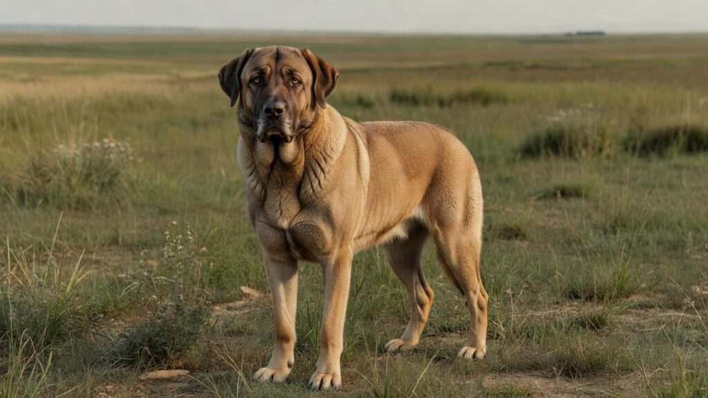 An Anatolian Shepherd standing calm and watchful in a sunlit grassy field.