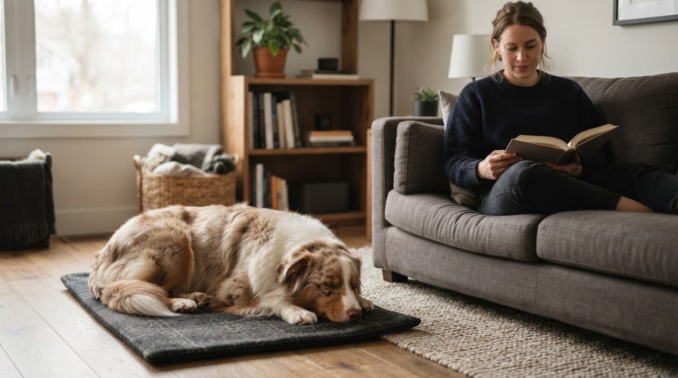 An Australian Shepherd rests on a mat while its owner reads nearby.