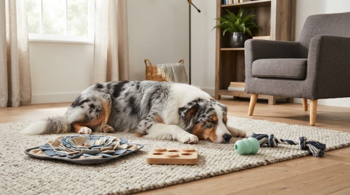 Australian Shepherd resting on a mat beside enrichment toys and an empty chair.