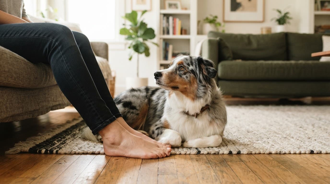 An Australian Shepherd rests calmly at its owner's feet in a bright home.