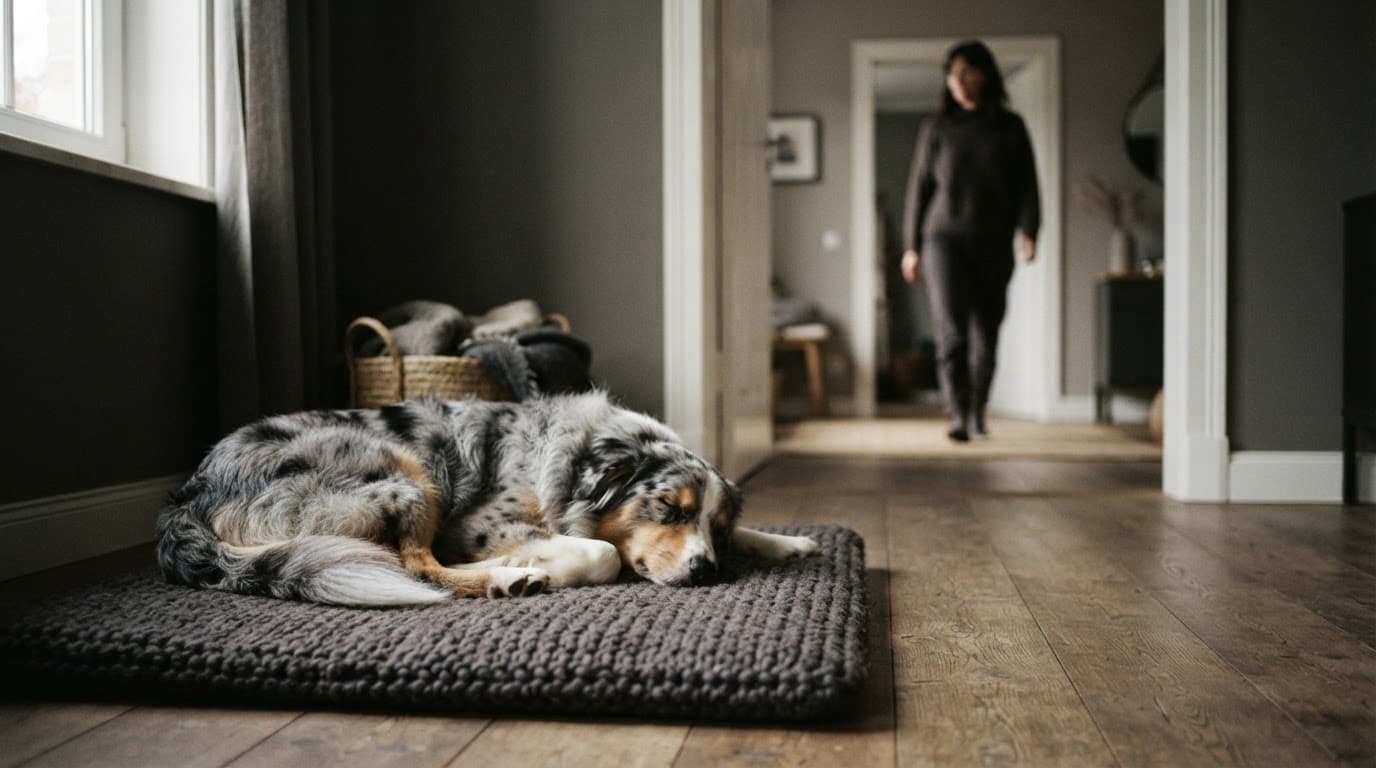 Australian Shepherd resting on a mat while its owner walks through a distant doorway.