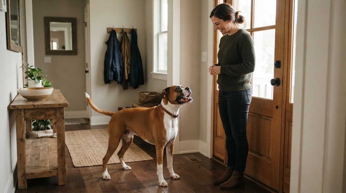 A Boxer greets a relaxed visitor with all four paws on the floor.