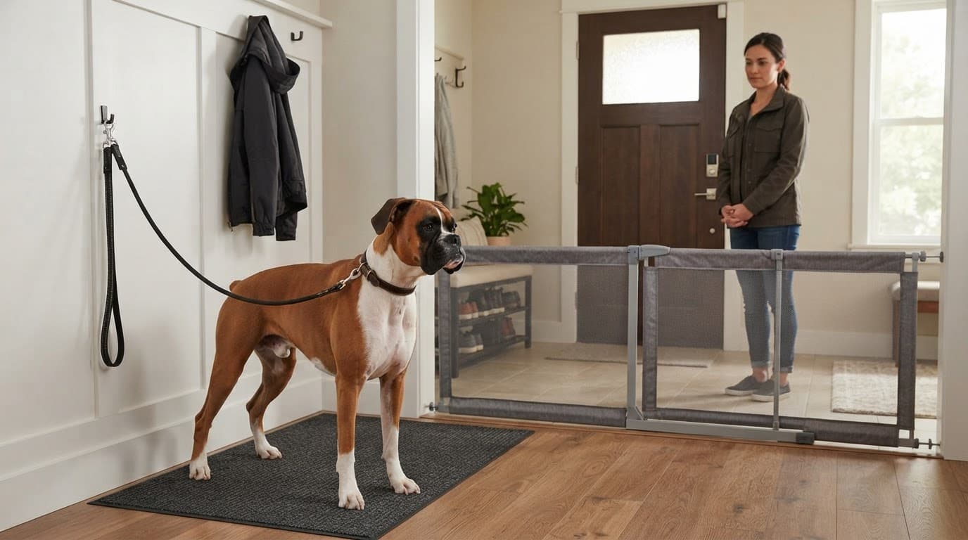 A Boxer stands on a mat while a visitor waits by the front door.