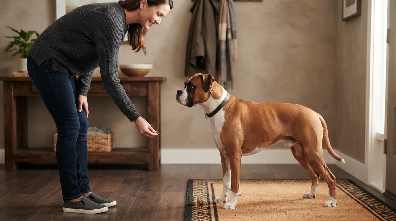A Boxer keeps four paws on the floor while an adult offers a low-held treat.