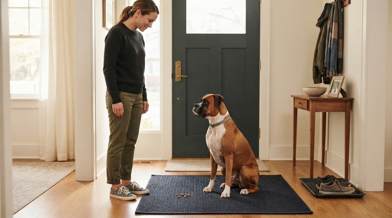 A Boxer stands calmly on a mat while a handler waits nearby in an entryway.