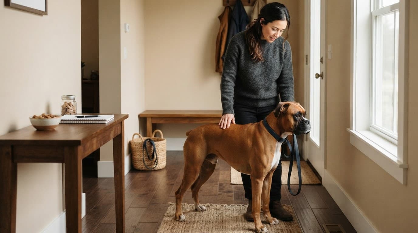 A calm Boxer stands beside its owner near a table with treats.