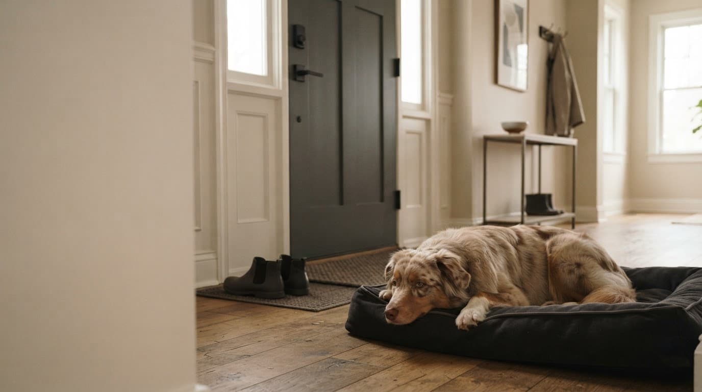 An Australian Shepherd rests calmly on a dog bed near a closed front door.