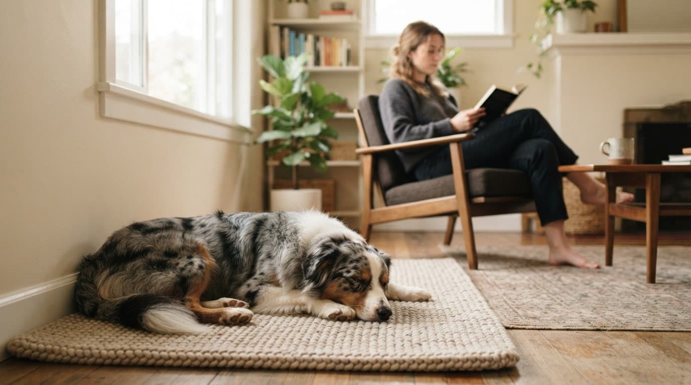 An Australian Shepherd rests on a mat while its owner reads nearby.