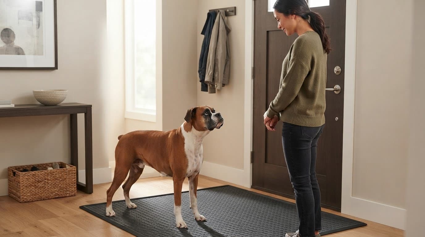 A calm Boxer stands on a mat as a person turns away near the front door.