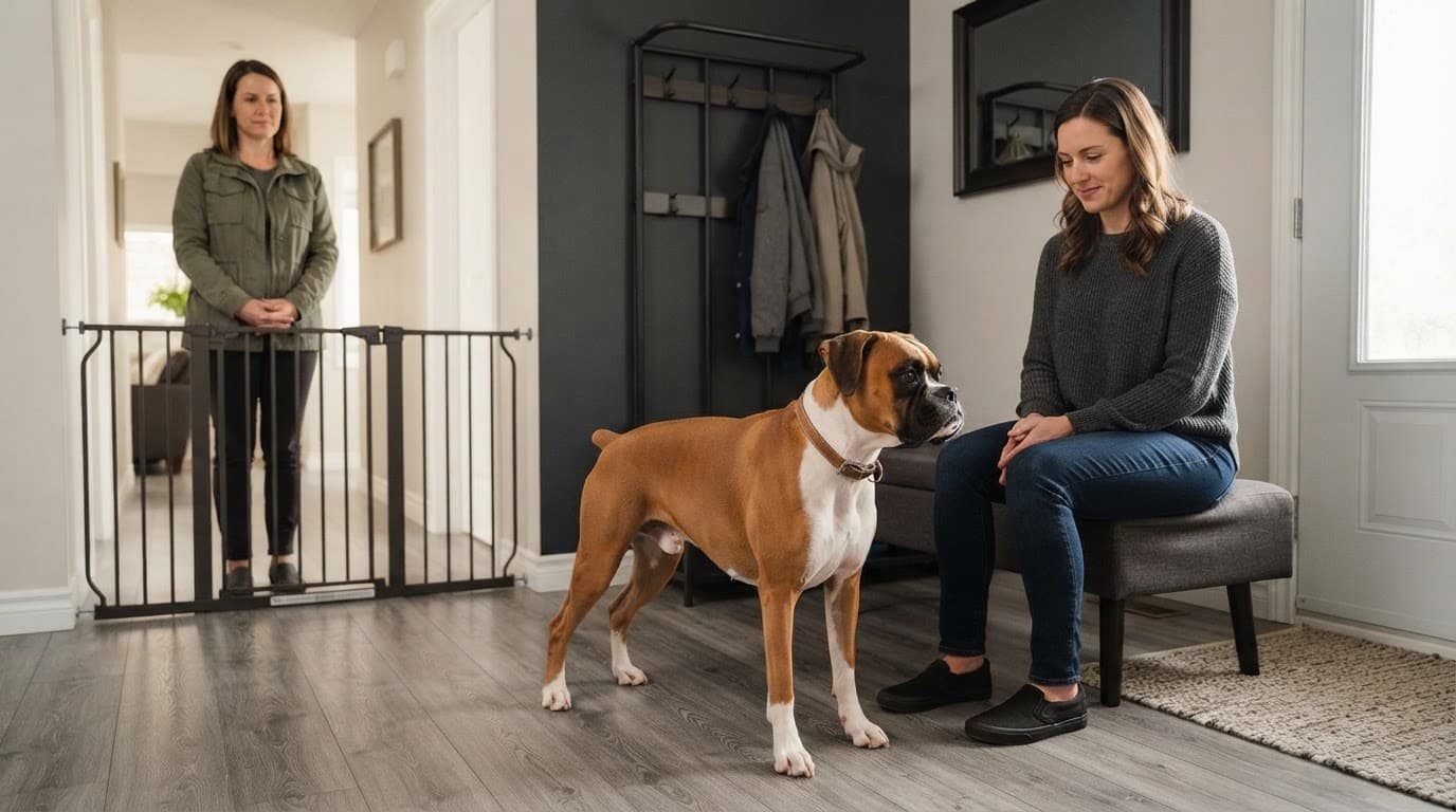 A calm Boxer stands beside its seated owner while a visitor waits behind a baby gate.