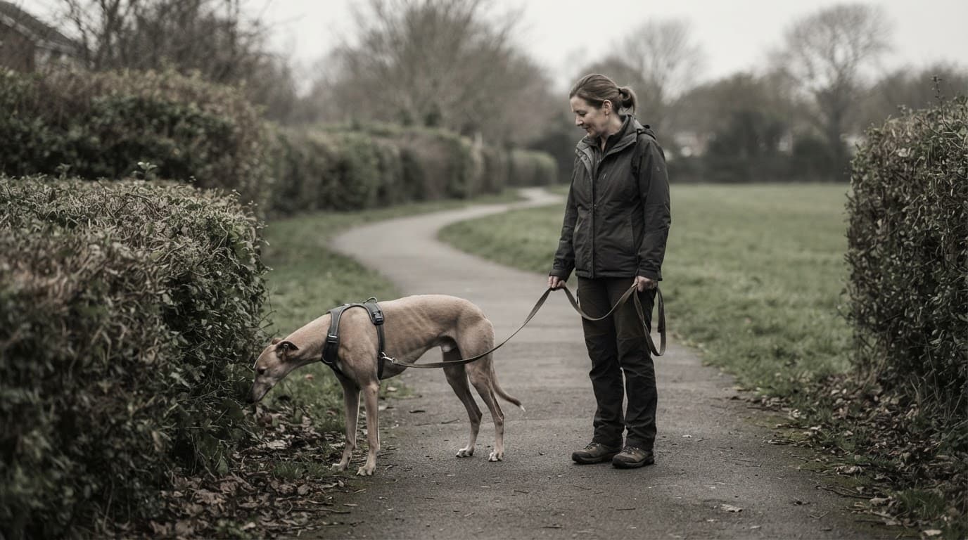A greyhound pauses beside its owner on a quiet path near hedges.